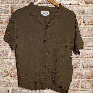 Vintage Petite Impressions Olive Button Down Womens Top w/ Defect - Size 12P